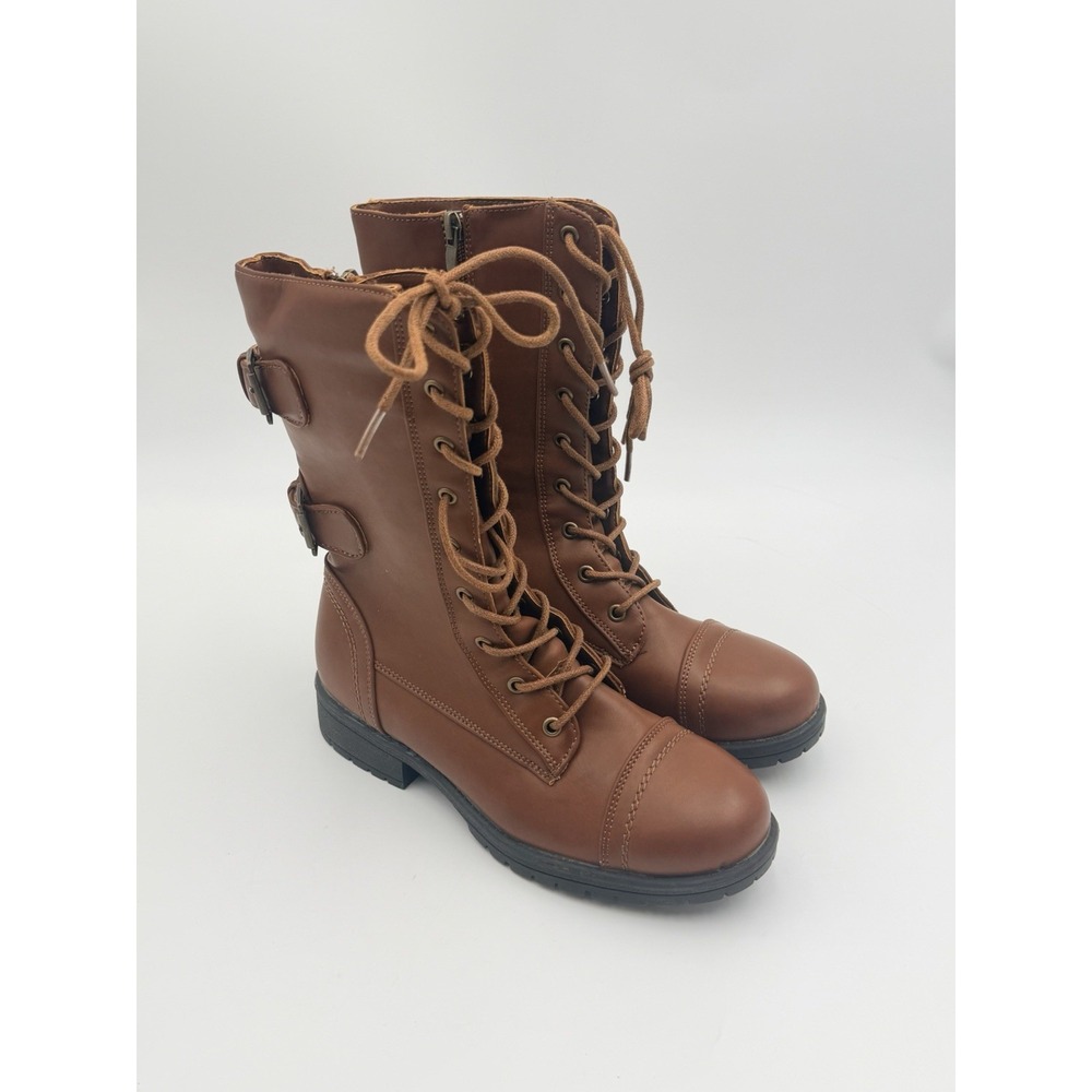 Women's Brown Combat Boots Size 6 Florence2 Side Zip Man-Made
